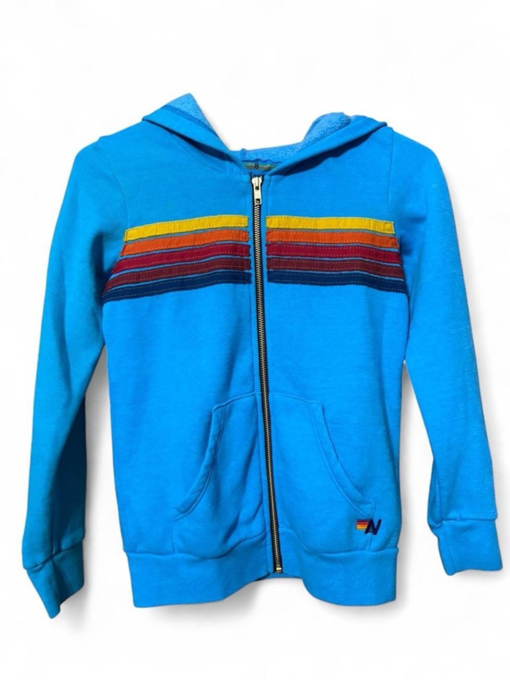 Aviator Nation Kids Turquoise Zip Hoodie with Rainbow Chest Stripes
